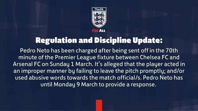 Leyu-英足总官方：指控切尔西边锋内托红牌后出言不逊+未及时离场