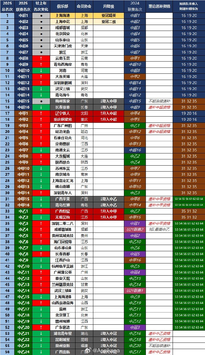 Leyu-2025赛季中国足球三级职业联赛总排名